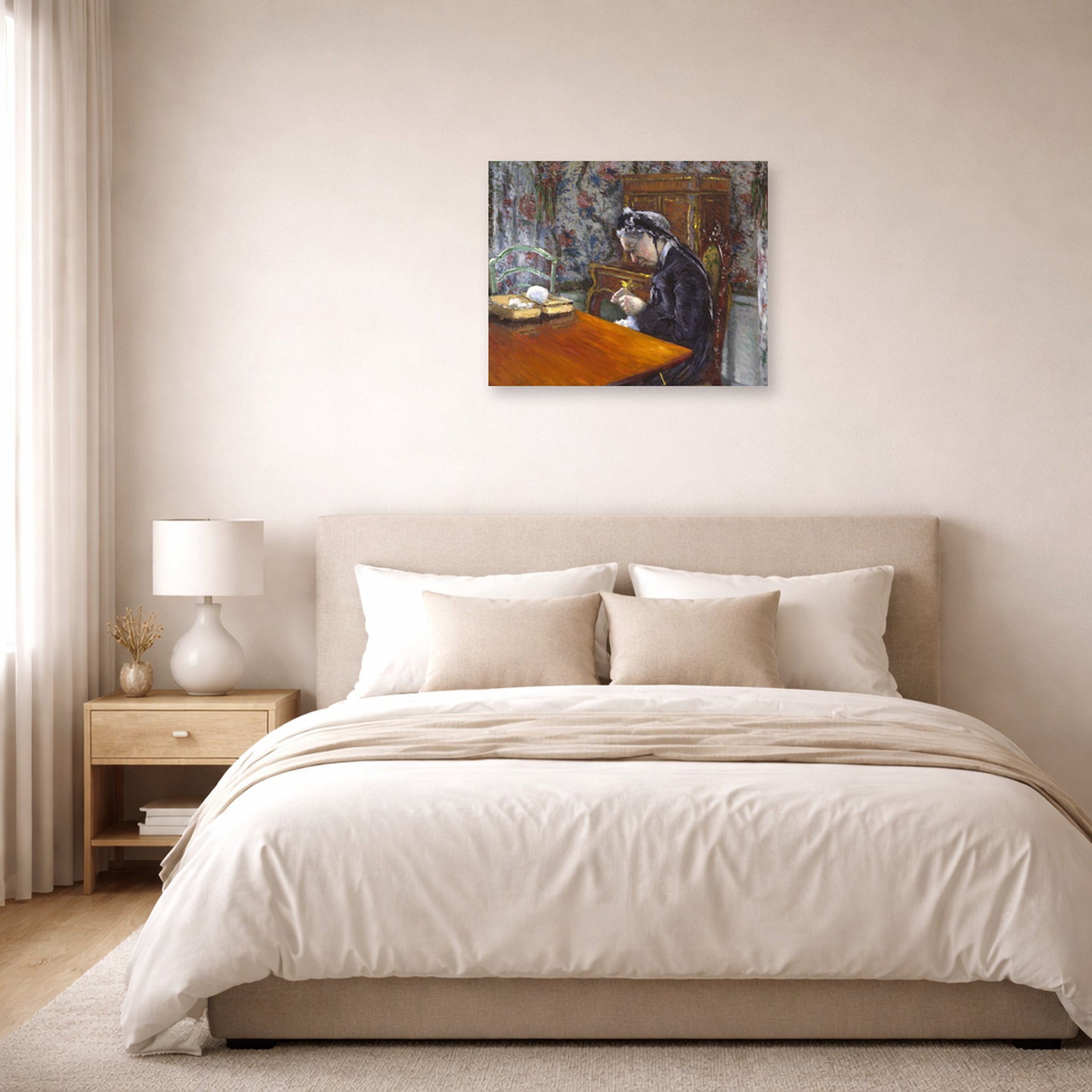 Unframed poster print of Gustave Caillebotte's Mademoiselle Boissière Knitting displayed on a wall in a bedroom