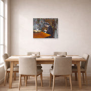 Unframed poster print of Gustave Caillebotte's Mademoiselle Boissière Knitting displayed on a wall in a dining