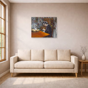 Unframed poster print of Gustave Caillebotte's Mademoiselle Boissière Knitting displayed on a wall in a living room