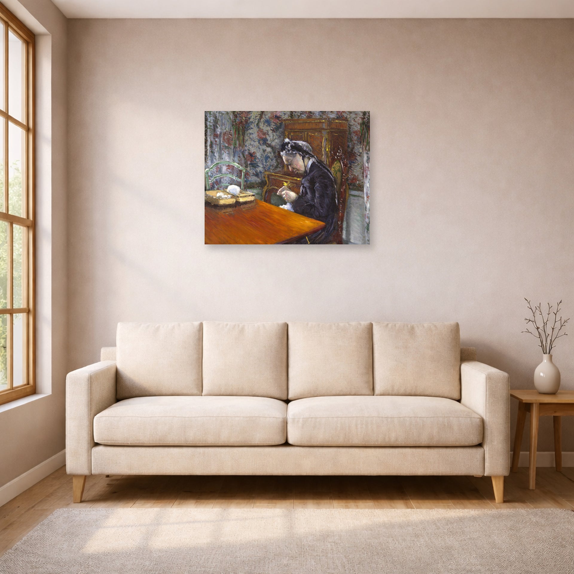 Unframed poster print of Gustave Caillebotte's Mademoiselle Boissière Knitting displayed on a wall in a living room