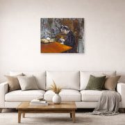 Unframed poster print of Gustave Caillebotte's Mademoiselle Boissière Knitting displayed on a wall in a living room