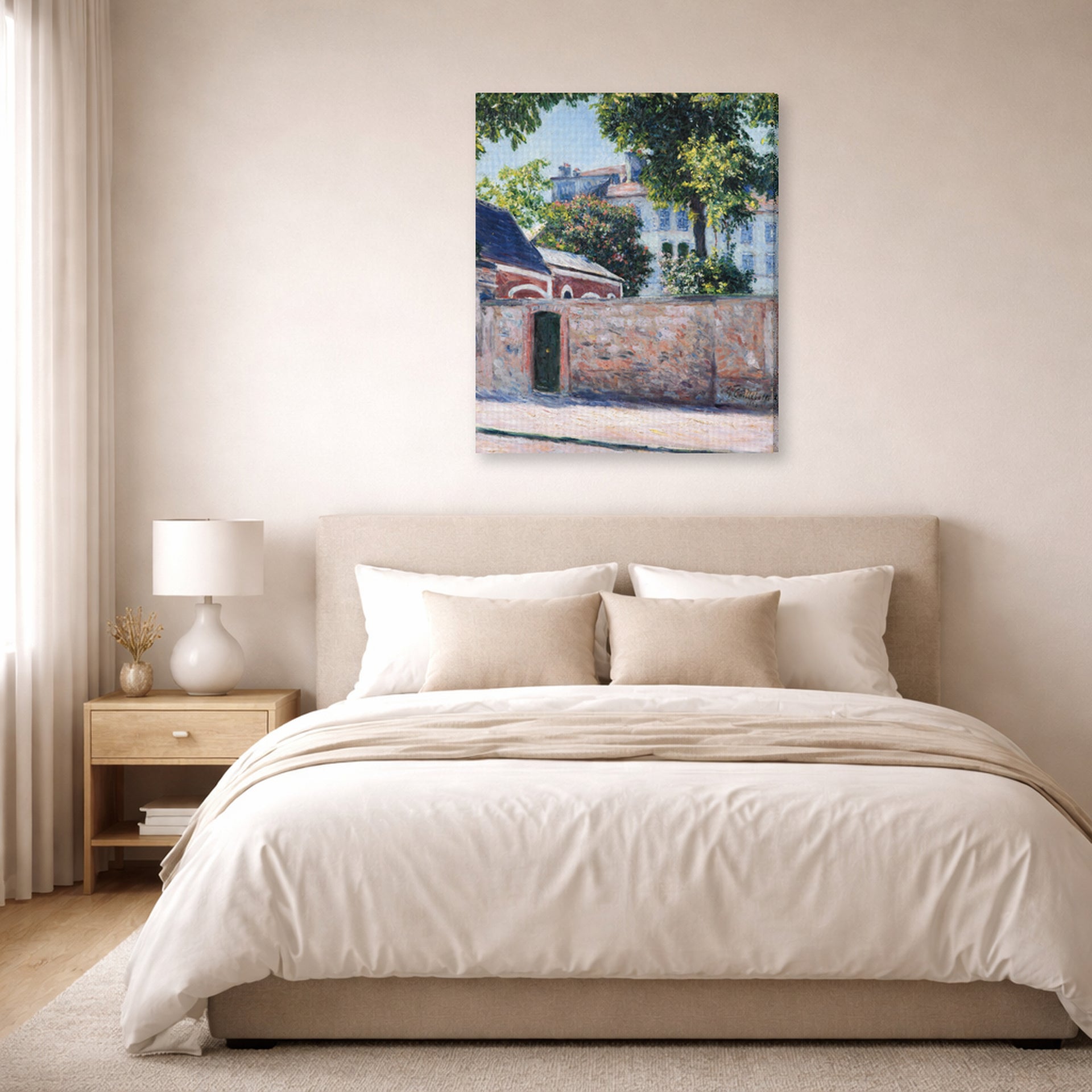 Gallery-wrapped canvas print of Gustave Caillebotte's Maisons À Argenteuil displayed on a wall in a bedroom