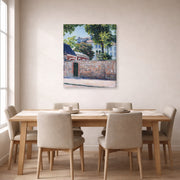 Gallery-wrapped canvas print of Gustave Caillebotte's Maisons À Argenteuil displayed on a wall in a dining