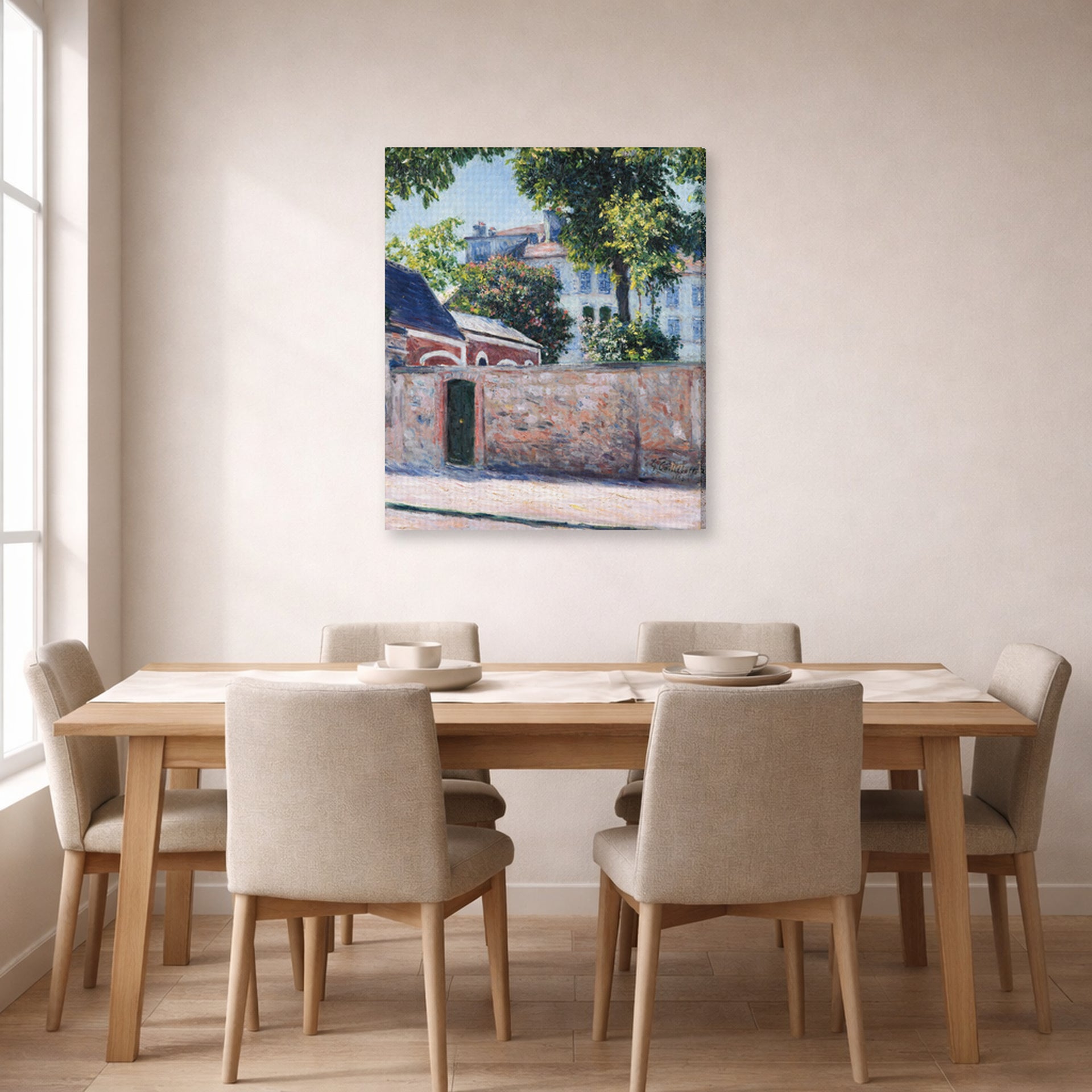 Gallery-wrapped canvas print of Gustave Caillebotte's Maisons À Argenteuil displayed on a wall in a dining