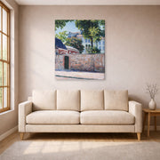 Gallery-wrapped canvas print of Gustave Caillebotte's Maisons À Argenteuil displayed on a wall in a living room