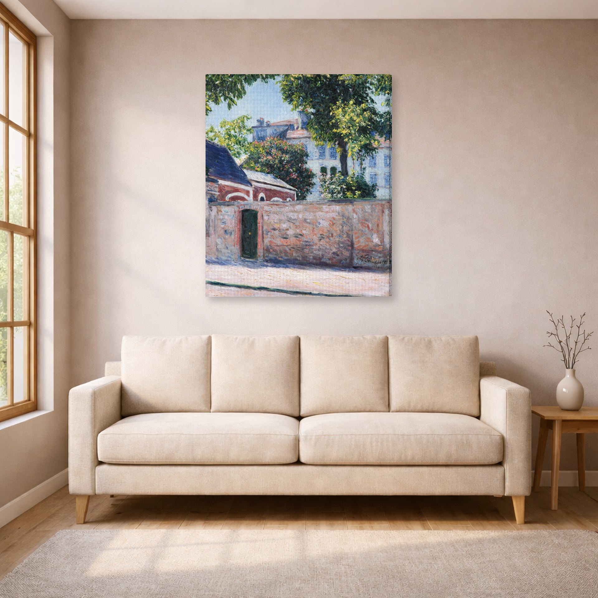 Gallery-wrapped canvas print of Gustave Caillebotte's Maisons À Argenteuil displayed on a wall in a living room