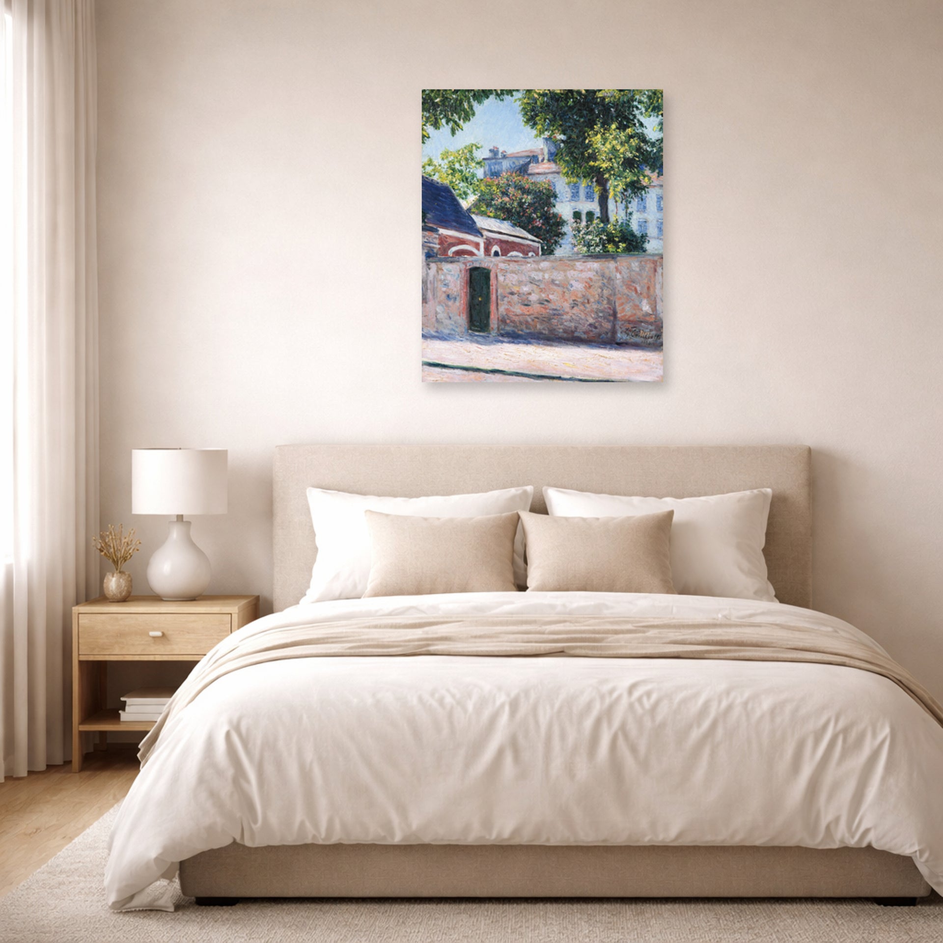 Unframed poster print of Gustave Caillebotte's Maisons À Argenteuil displayed on a wall in a bedroom