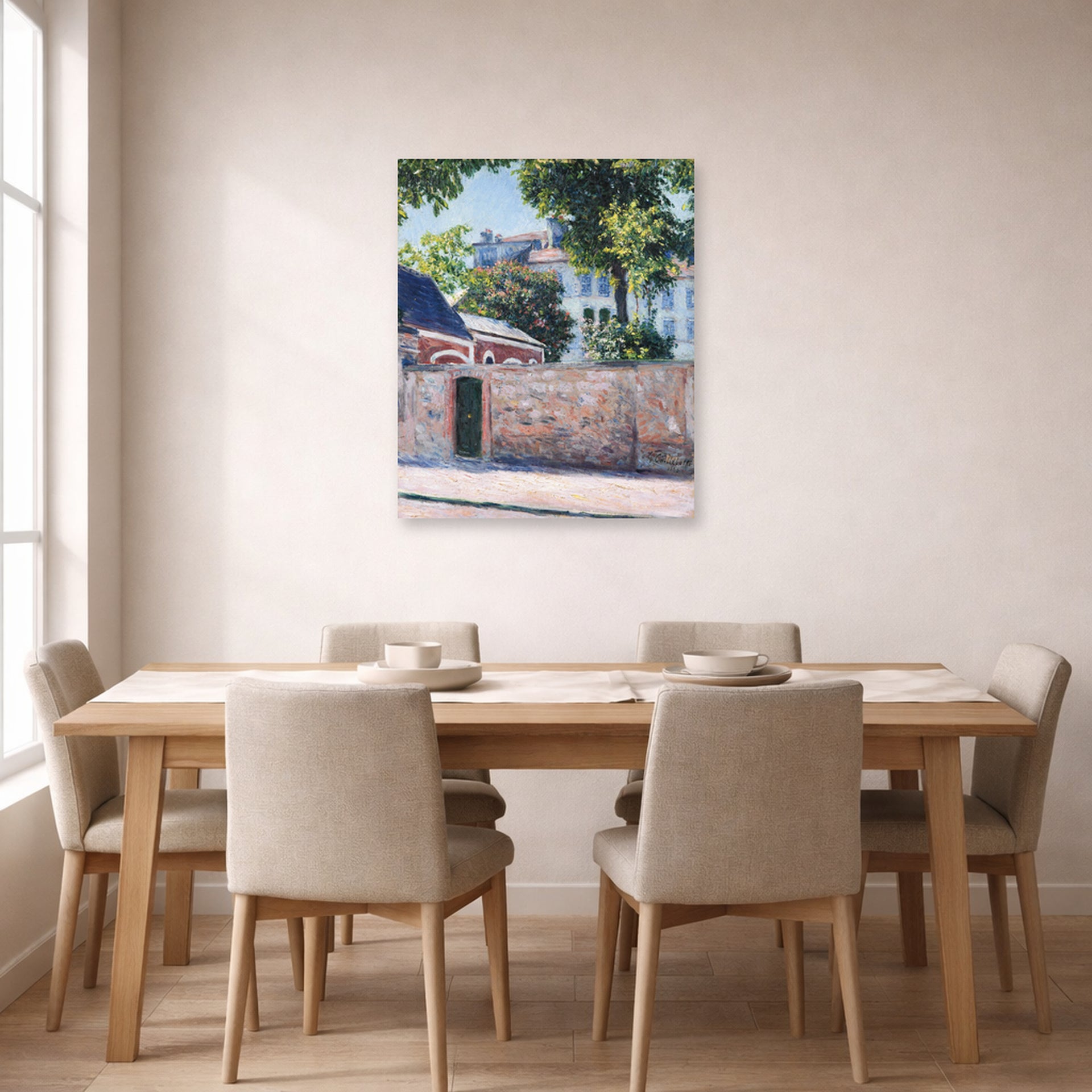 Unframed poster print of Gustave Caillebotte's Maisons À Argenteuil displayed on a wall in a dining