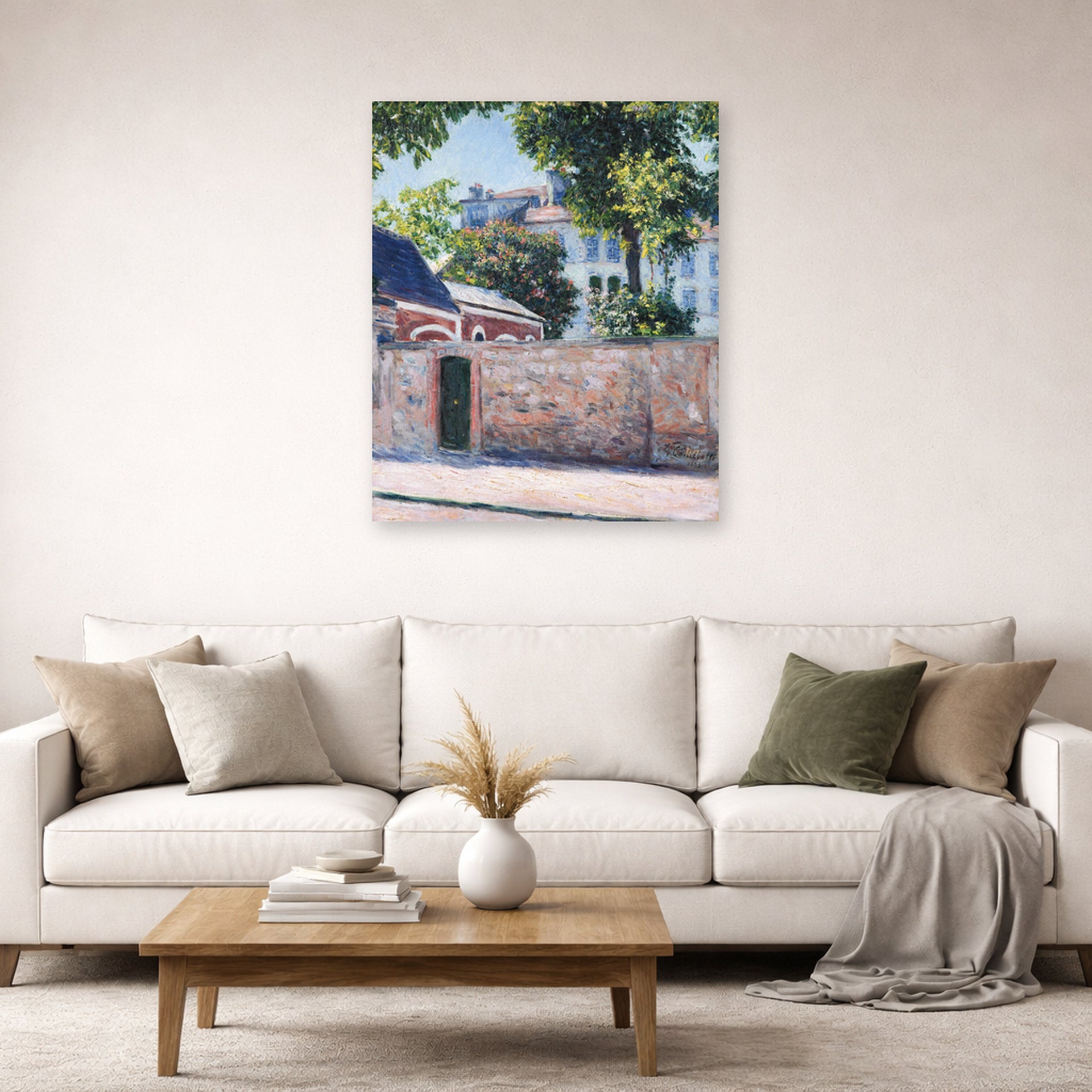 Unframed poster print of Gustave Caillebotte's Maisons À Argenteuil displayed on a wall in a living room