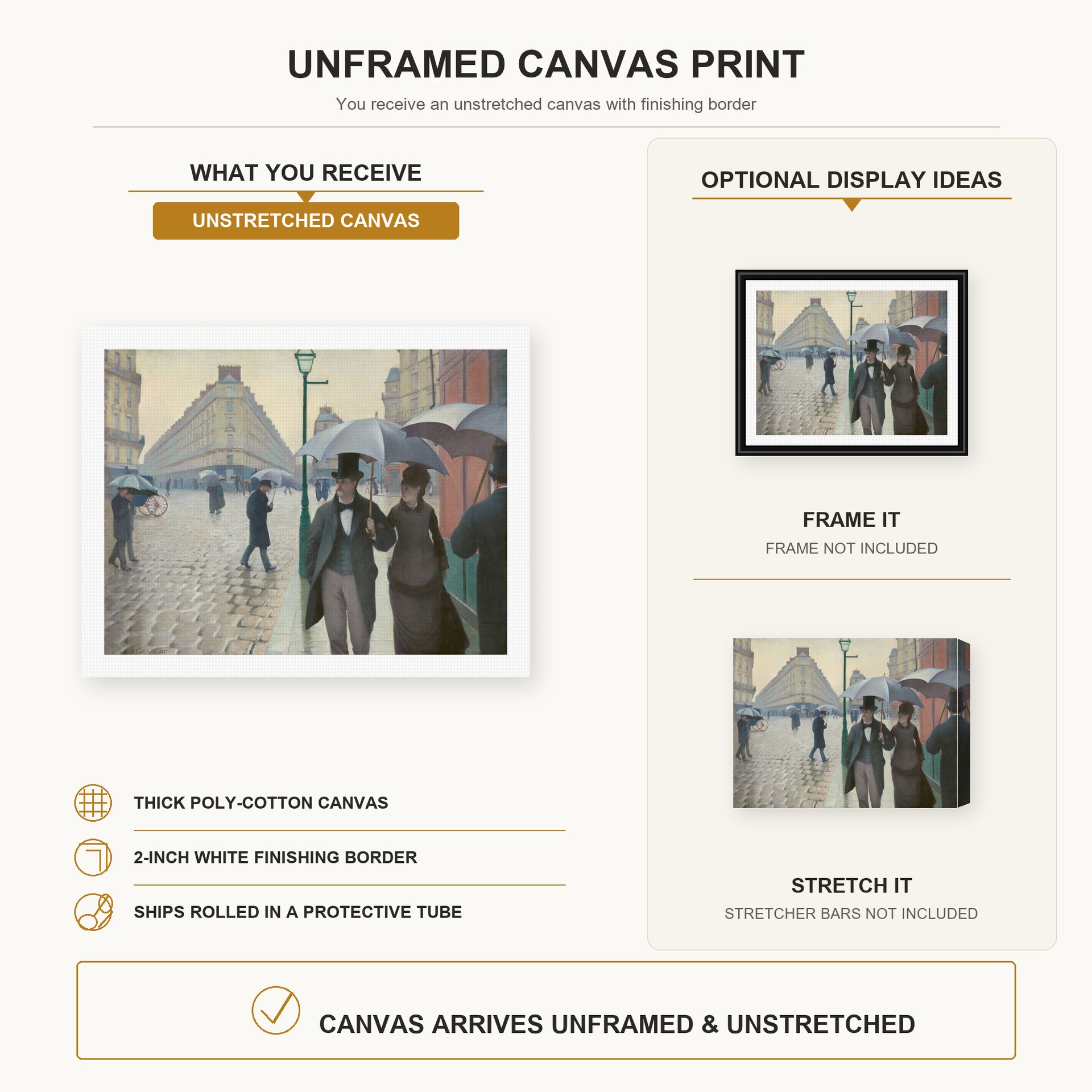 Gustave Caillebotte - Paris Street, Rainy Day canvas print size comparison and framing display infographic