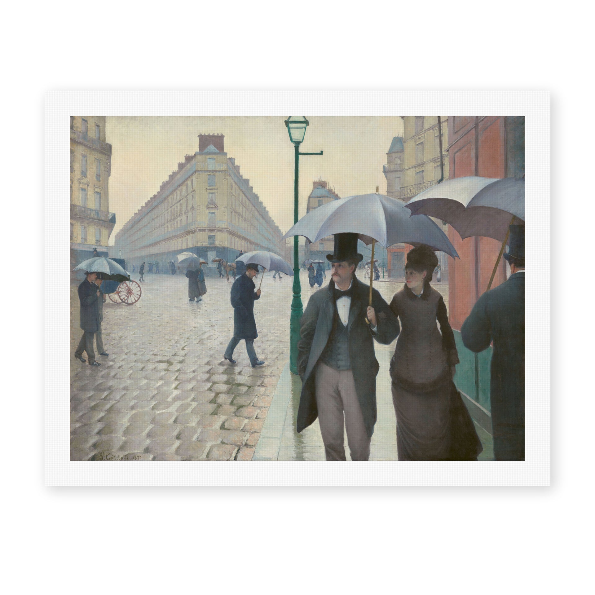 Gustave Caillebotte's 'Paris Street, Rainy Day' painting reproduced as a rolled canvas print