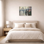 Gallery-wrapped canvas print of Gustave Caillebotte's Paris Street, Rainy Day displayed on a wall in a bedroom