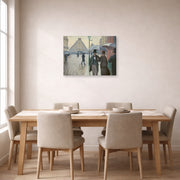 Gallery-wrapped canvas print of Gustave Caillebotte's Paris Street, Rainy Day displayed on a wall in a dining