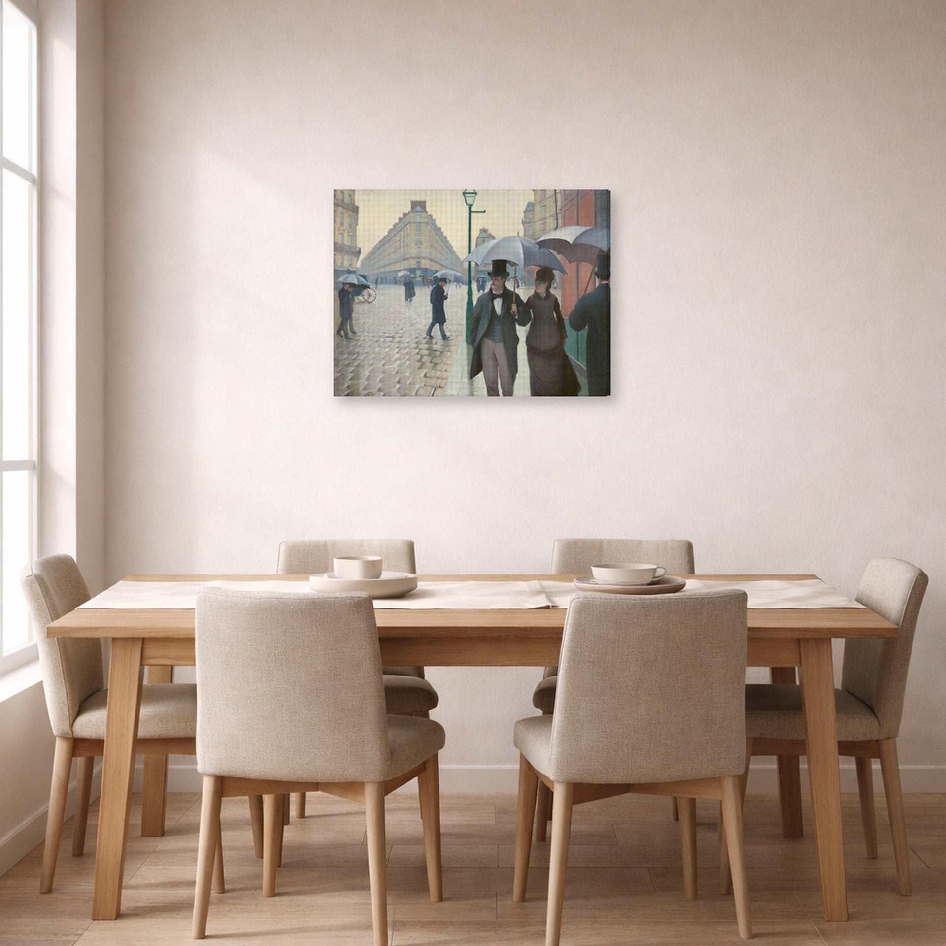 Gallery-wrapped canvas print of Gustave Caillebotte's Paris Street, Rainy Day displayed on a wall in a dining