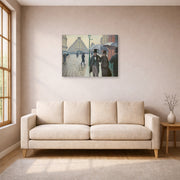 Gallery-wrapped canvas print of Gustave Caillebotte's Paris Street, Rainy Day displayed on a wall in a living room