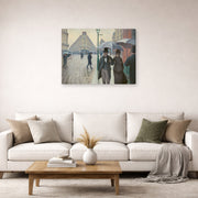 Gallery-wrapped canvas print of Gustave Caillebotte's Paris Street, Rainy Day displayed on a wall in a living room
