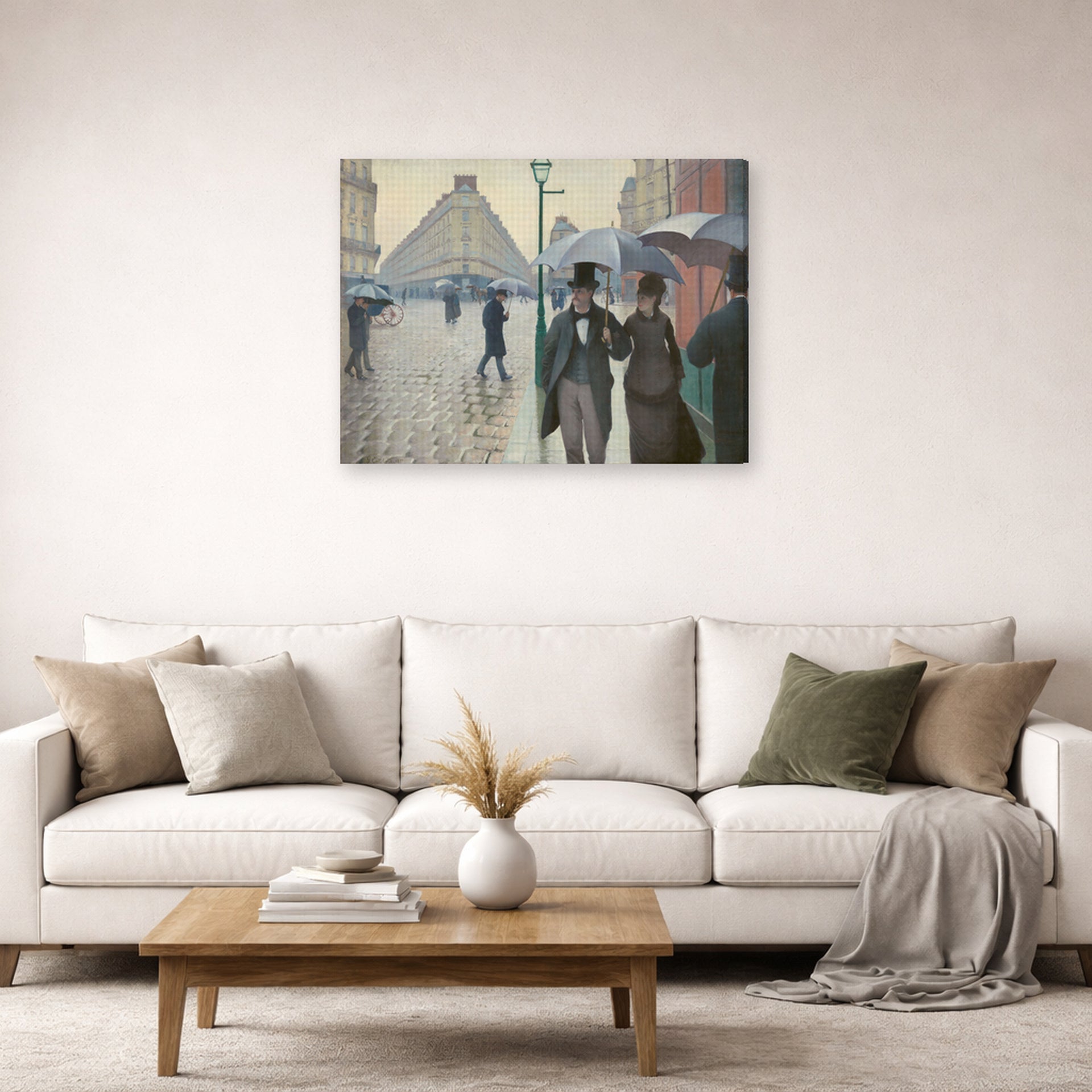 Gallery-wrapped canvas print of Gustave Caillebotte's Paris Street, Rainy Day displayed on a wall in a living room