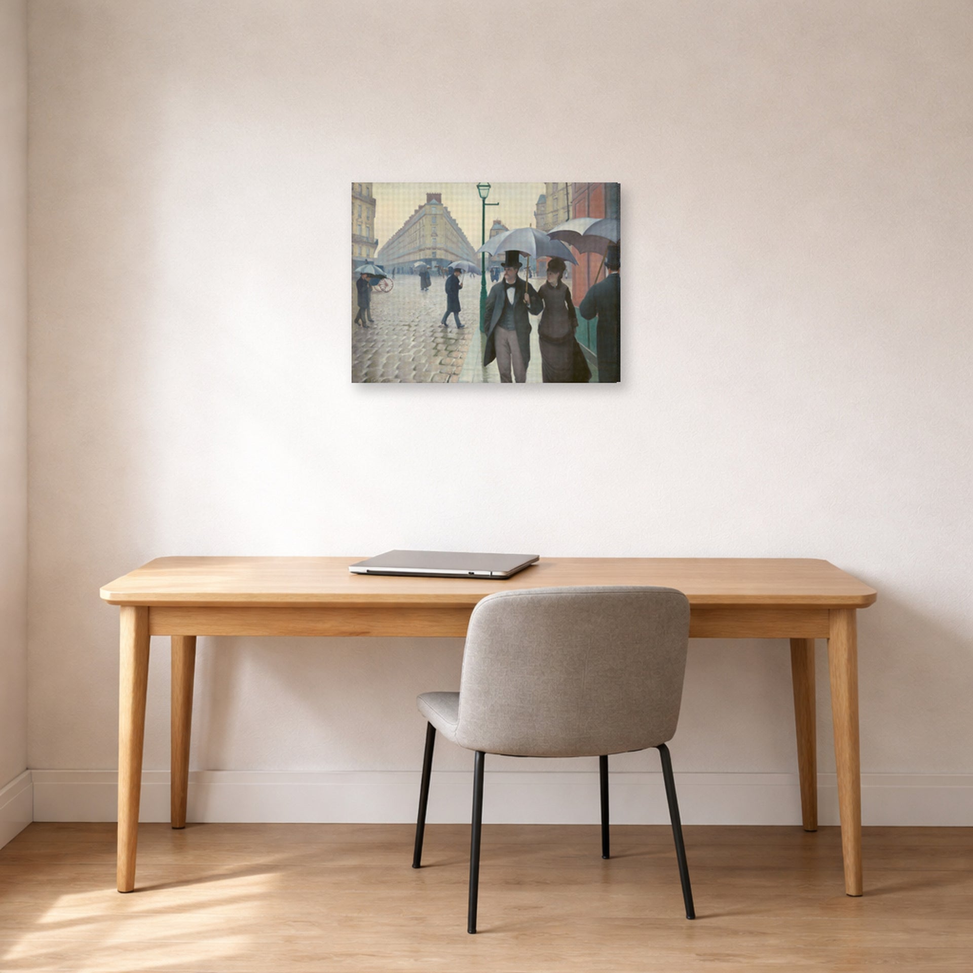 Gallery-wrapped canvas print of Gustave Caillebotte's Paris Street, Rainy Day displayed on a wall in a office