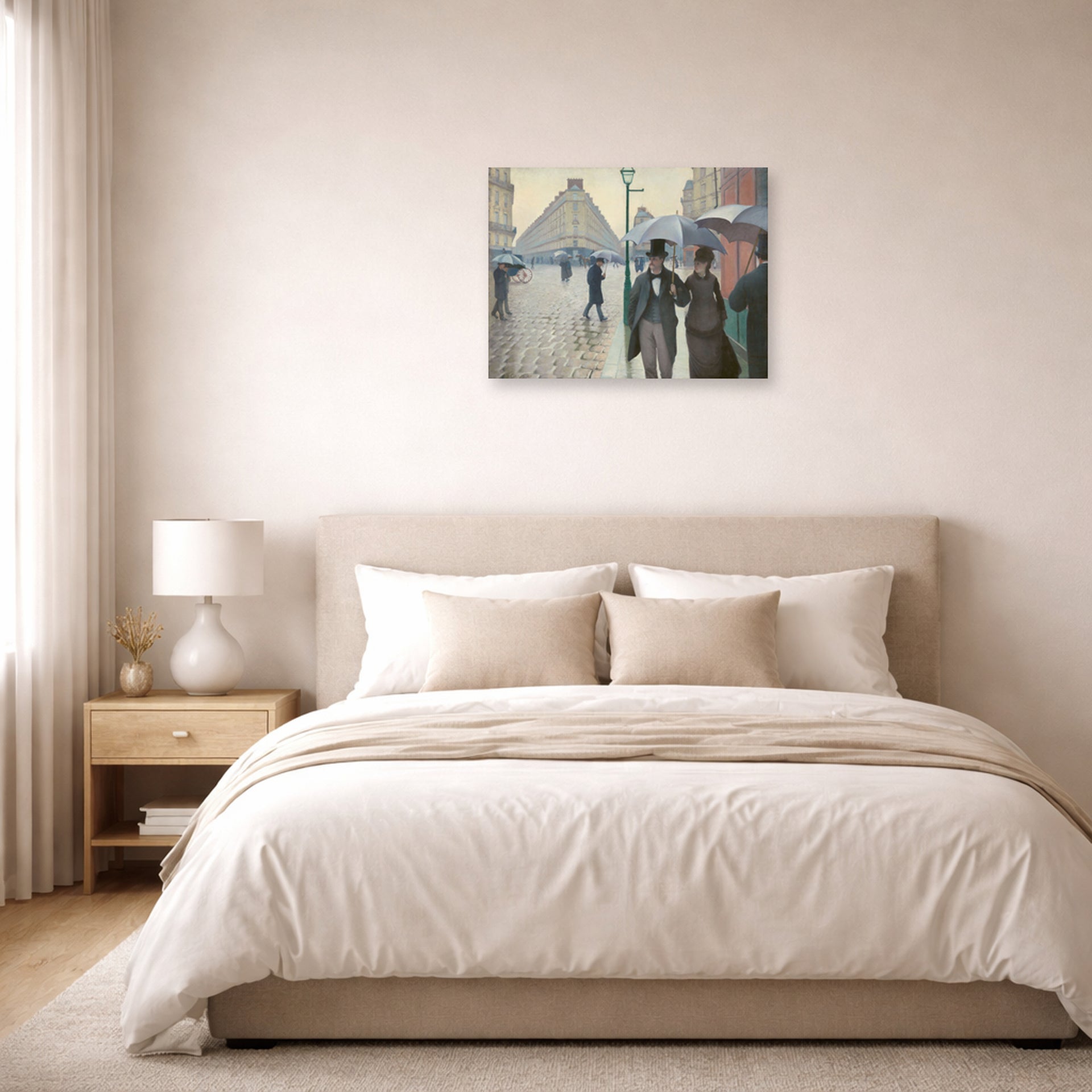 Unframed poster print of Gustave Caillebotte's Paris Street, Rainy Day displayed on a wall in a bedroom