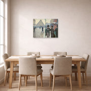 Unframed poster print of Gustave Caillebotte's Paris Street, Rainy Day displayed on a wall in a dining