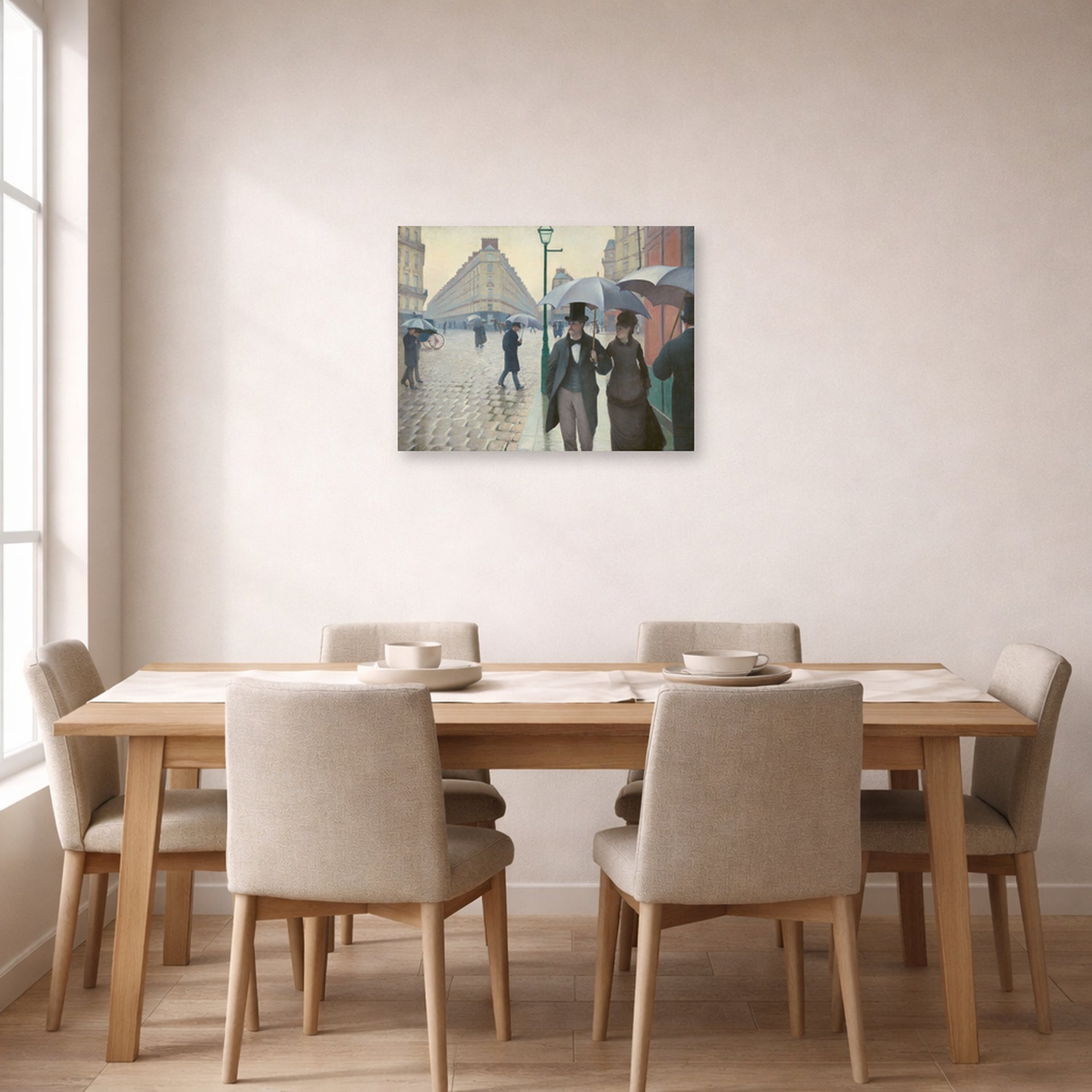 Unframed poster print of Gustave Caillebotte's Paris Street, Rainy Day displayed on a wall in a dining