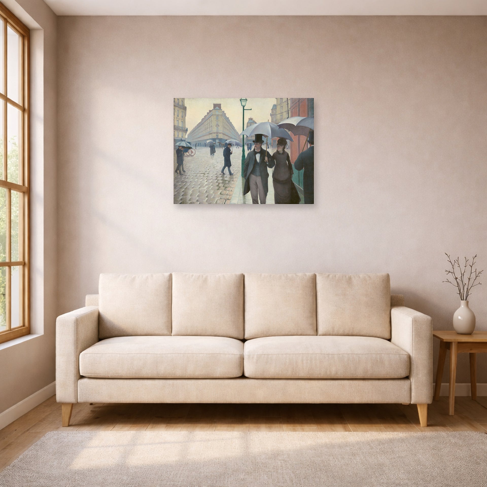 Unframed poster print of Gustave Caillebotte's Paris Street, Rainy Day displayed on a wall in a living room