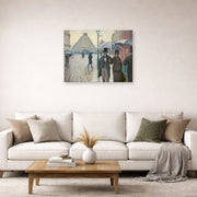 Unframed poster print of Gustave Caillebotte's Paris Street, Rainy Day displayed on a wall in a living room