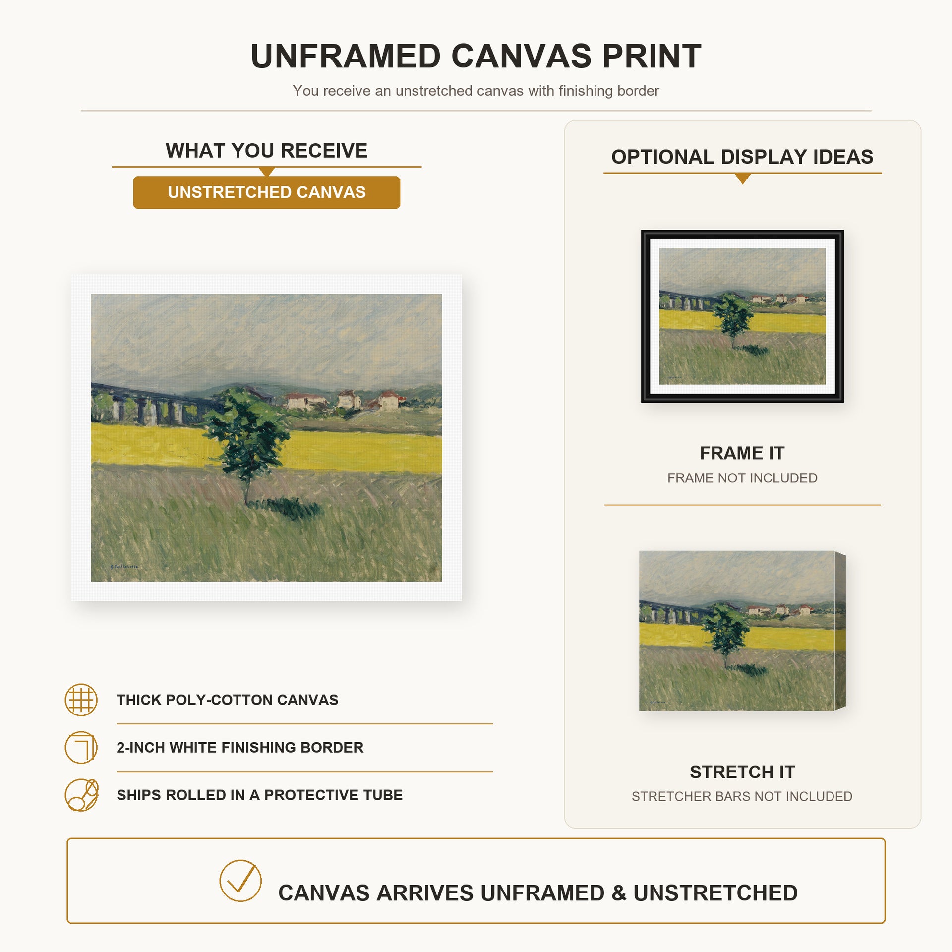 Gustave Caillebotte - Terrain et Pont d Argenteuil canvas print size comparison and framing display infographic