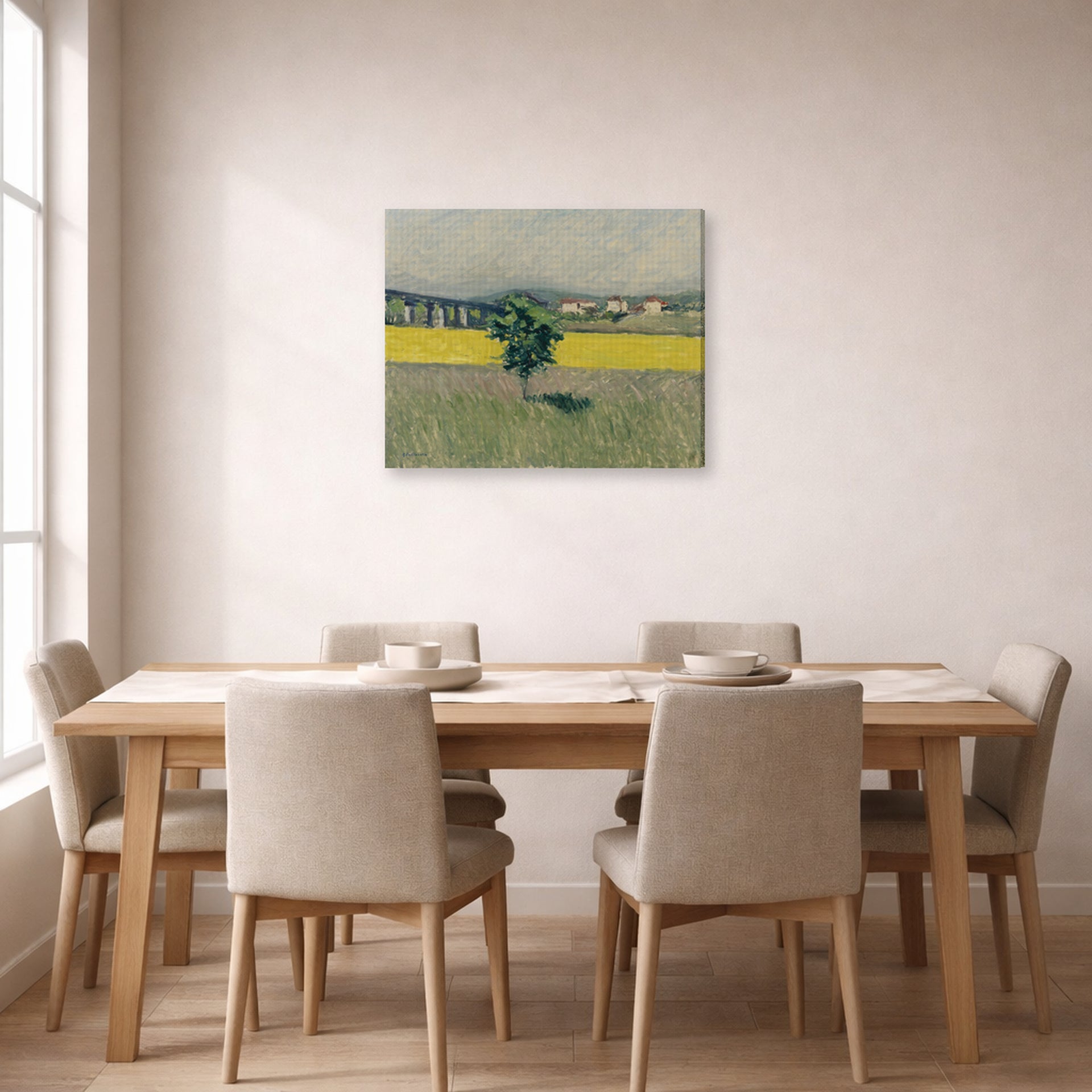 Gallery-wrapped canvas print of Gustave Caillebotte's Terrain et Pont d Argenteuil displayed on a wall in a dining