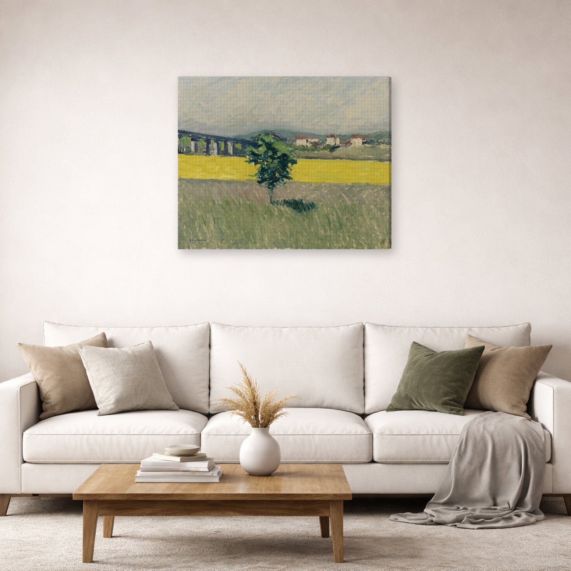 Gallery-wrapped canvas print of Gustave Caillebotte's Terrain et Pont d Argenteuil displayed on a wall in a living room