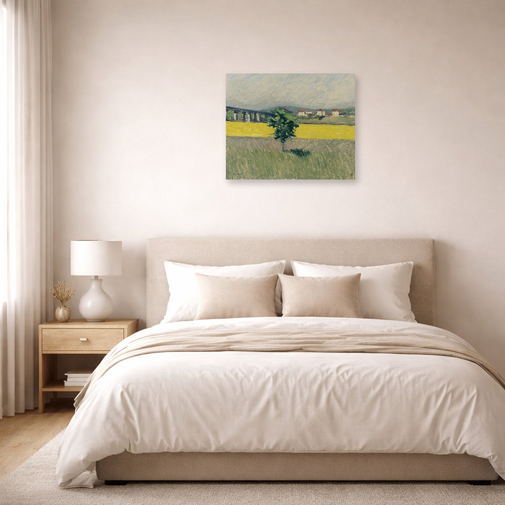 Unframed poster print of Gustave Caillebotte's Terrain et Pont d Argenteuil displayed on a wall in a bedroom