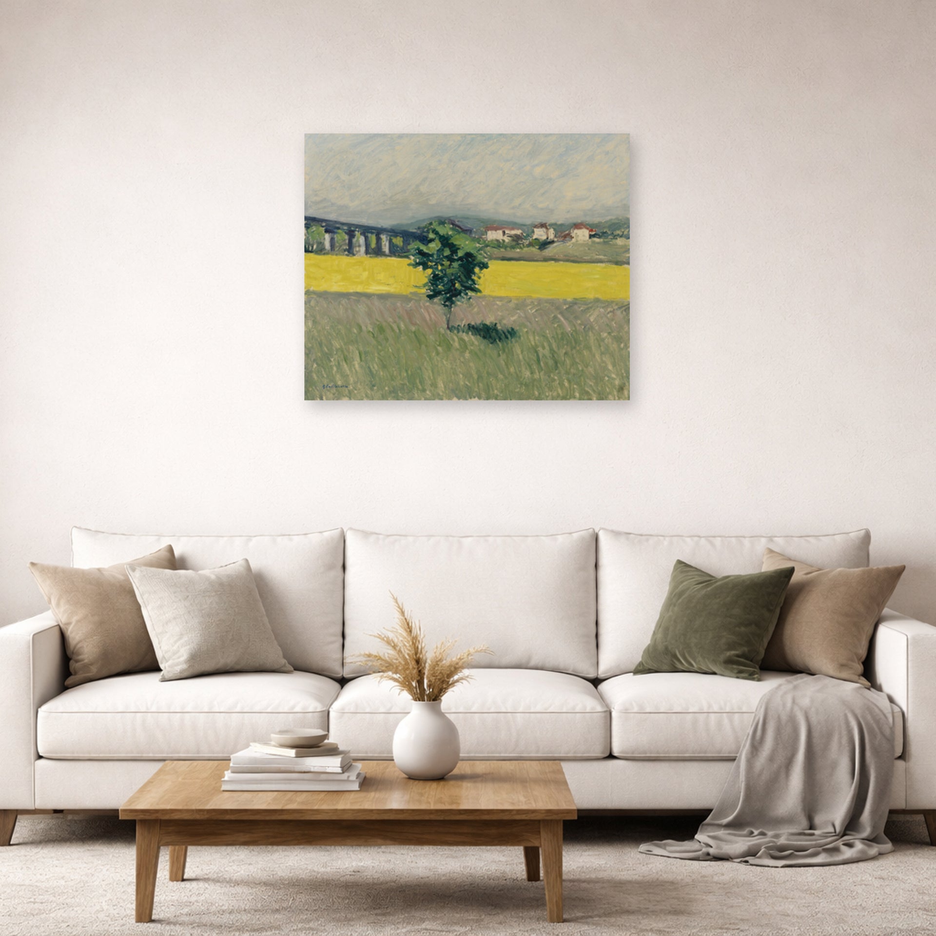 Unframed poster print of Gustave Caillebotte's Terrain et Pont d Argenteuil displayed on a wall in a living room