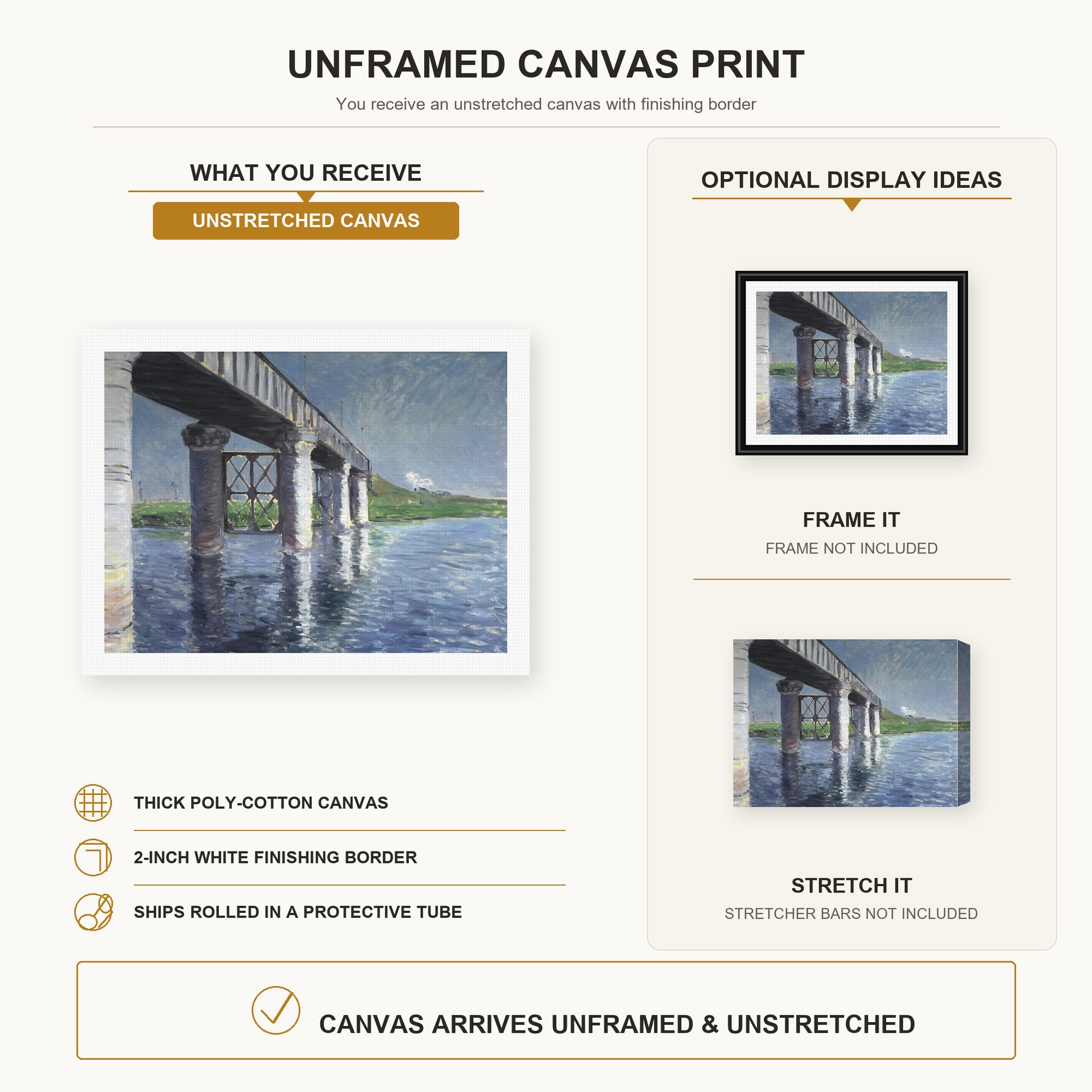 Gustave Caillebotte - The Seine and the Railroad Bridge at Argenteuil canvas print size comparison and framing display infographic