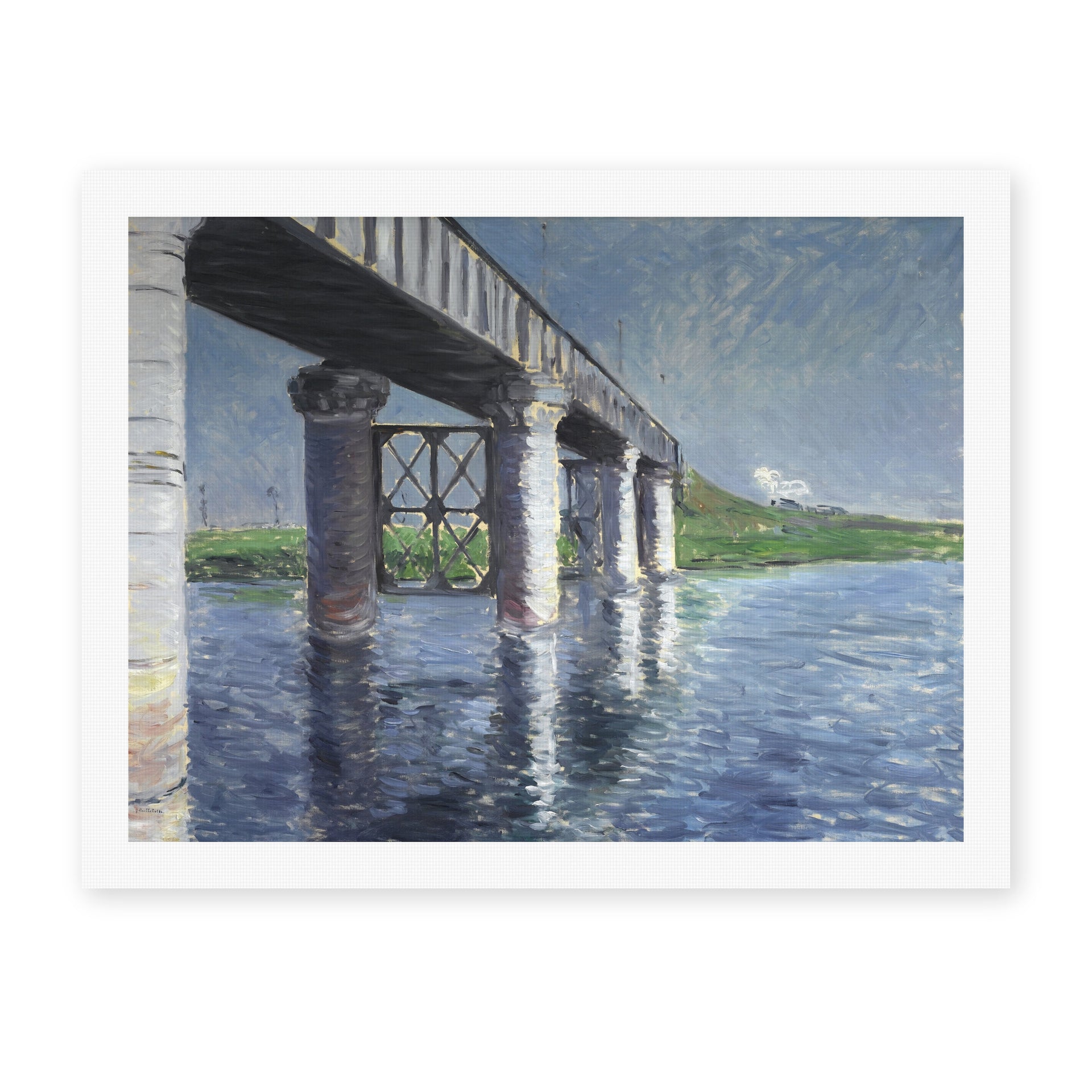 Gustave Caillebotte's 'The Seine and the Railroad Bridge at Argenteuil' painting reproduced as a rolled canvas print