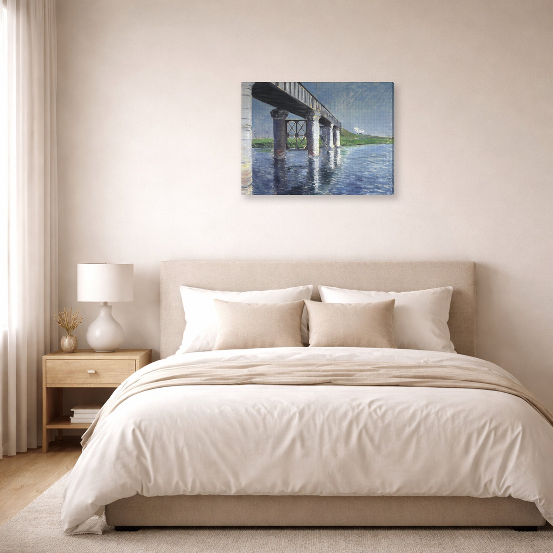 Gallery-wrapped canvas print of Gustave Caillebotte's The Seine and the Railroad Bridge at Argenteuil displayed on a wall in a bedroom