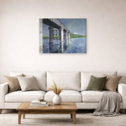 Gallery-wrapped canvas print of Gustave Caillebotte's The Seine and the Railroad Bridge at Argenteuil displayed on a wall in a living room