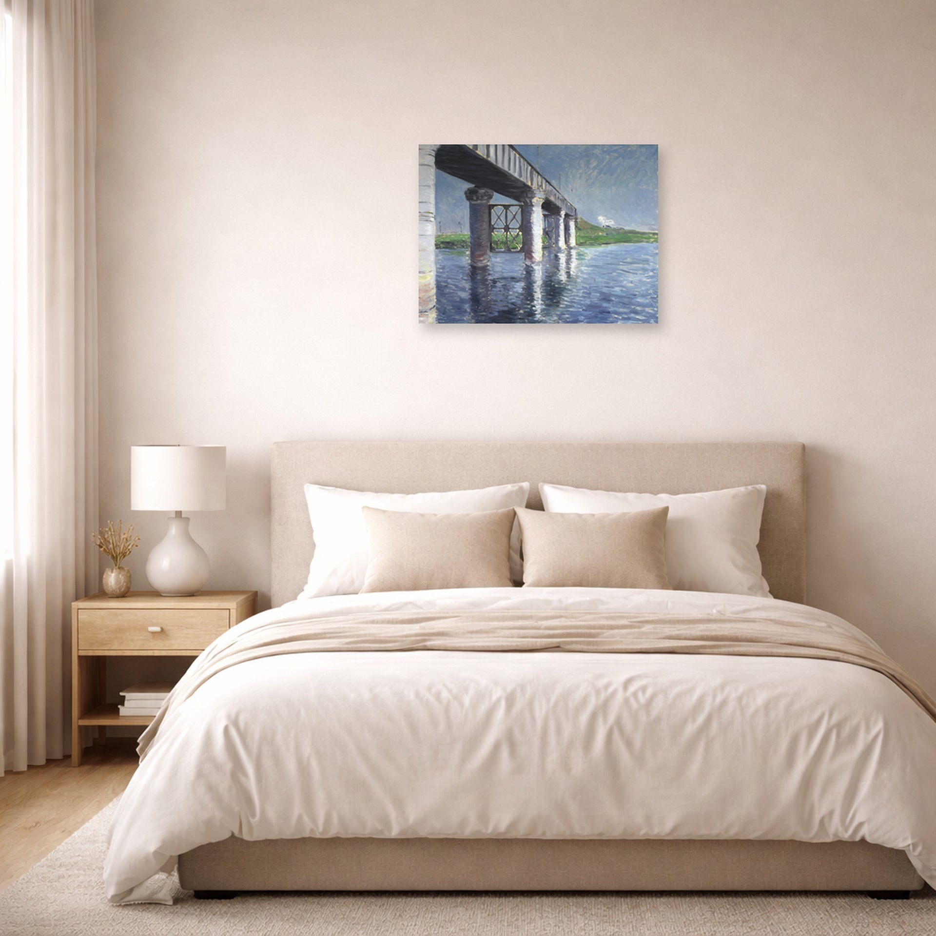 Unframed poster print of Gustave Caillebotte's The Seine and the Railroad Bridge at Argenteuil displayed on a wall in a bedroom
