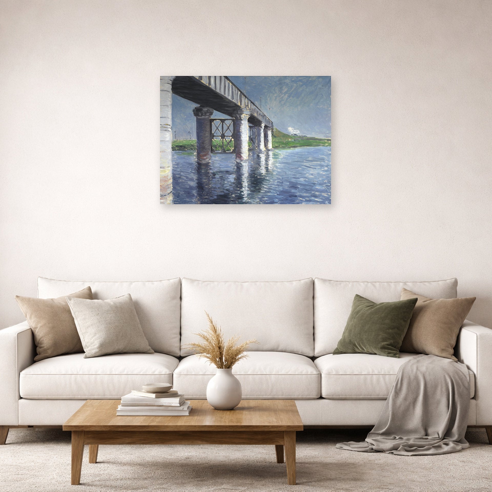 Unframed poster print of Gustave Caillebotte's The Seine and the Railroad Bridge at Argenteuil displayed on a wall in a living room