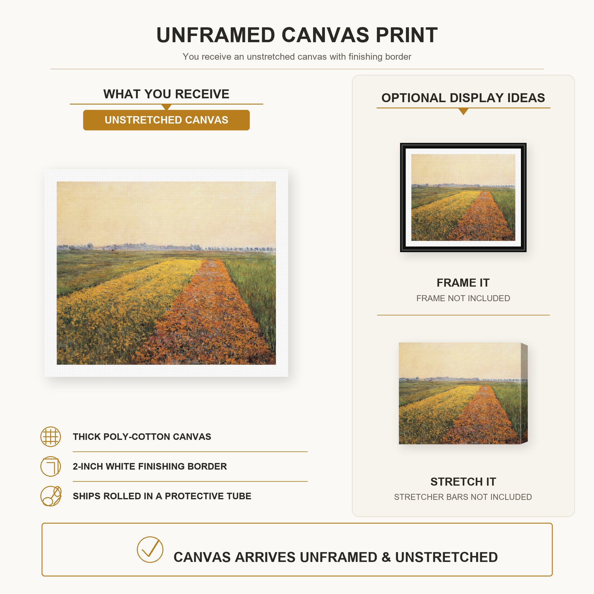 Gustave Caillebotte - The Yellow Fields at Gennevilliers canvas print size comparison and framing display infographic