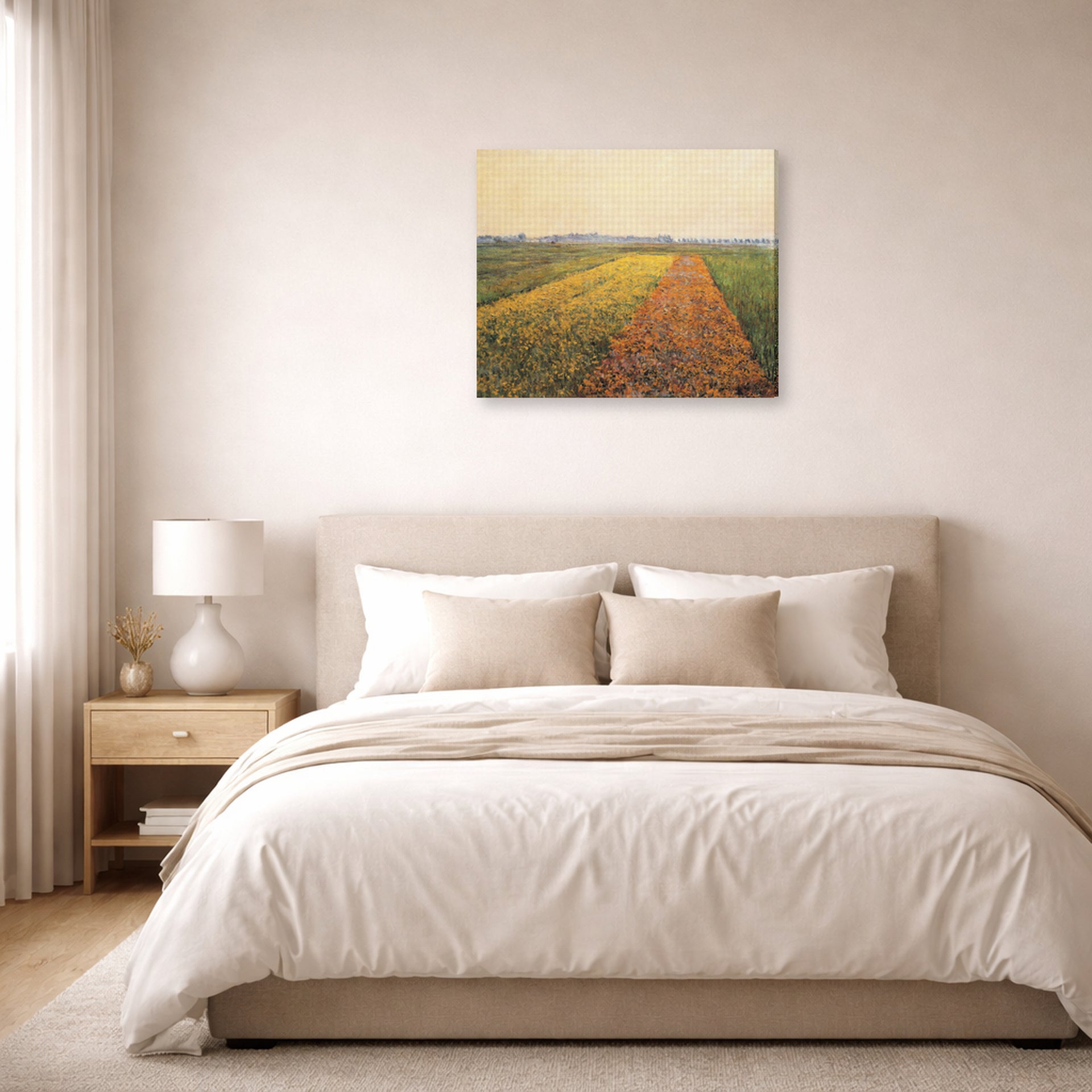 Gallery-wrapped canvas print of Gustave Caillebotte's The Yellow Fields at Gennevilliers displayed on a wall in a bedroom