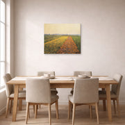 Gallery-wrapped canvas print of Gustave Caillebotte's The Yellow Fields at Gennevilliers displayed on a wall in a dining