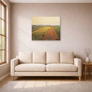 Gallery-wrapped canvas print of Gustave Caillebotte's The Yellow Fields at Gennevilliers displayed on a wall in a living room