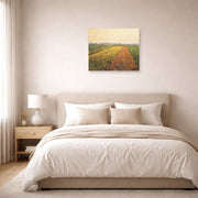 Unframed poster print of Gustave Caillebotte's The Yellow Fields at Gennevilliers displayed on a wall in a bedroom
