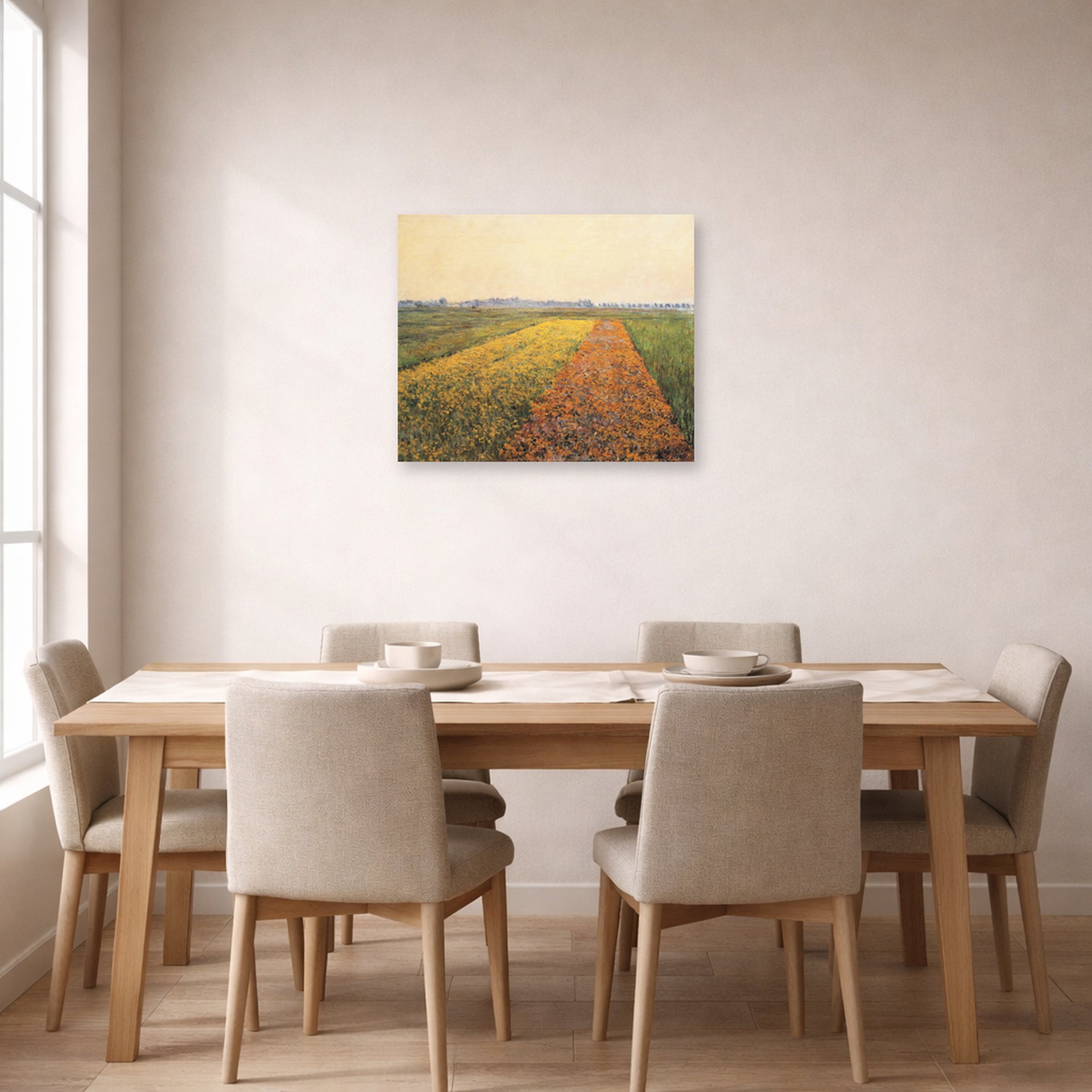 Unframed poster print of Gustave Caillebotte's The Yellow Fields at Gennevilliers displayed on a wall in a dining