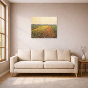 Unframed poster print of Gustave Caillebotte's The Yellow Fields at Gennevilliers displayed on a wall in a living room