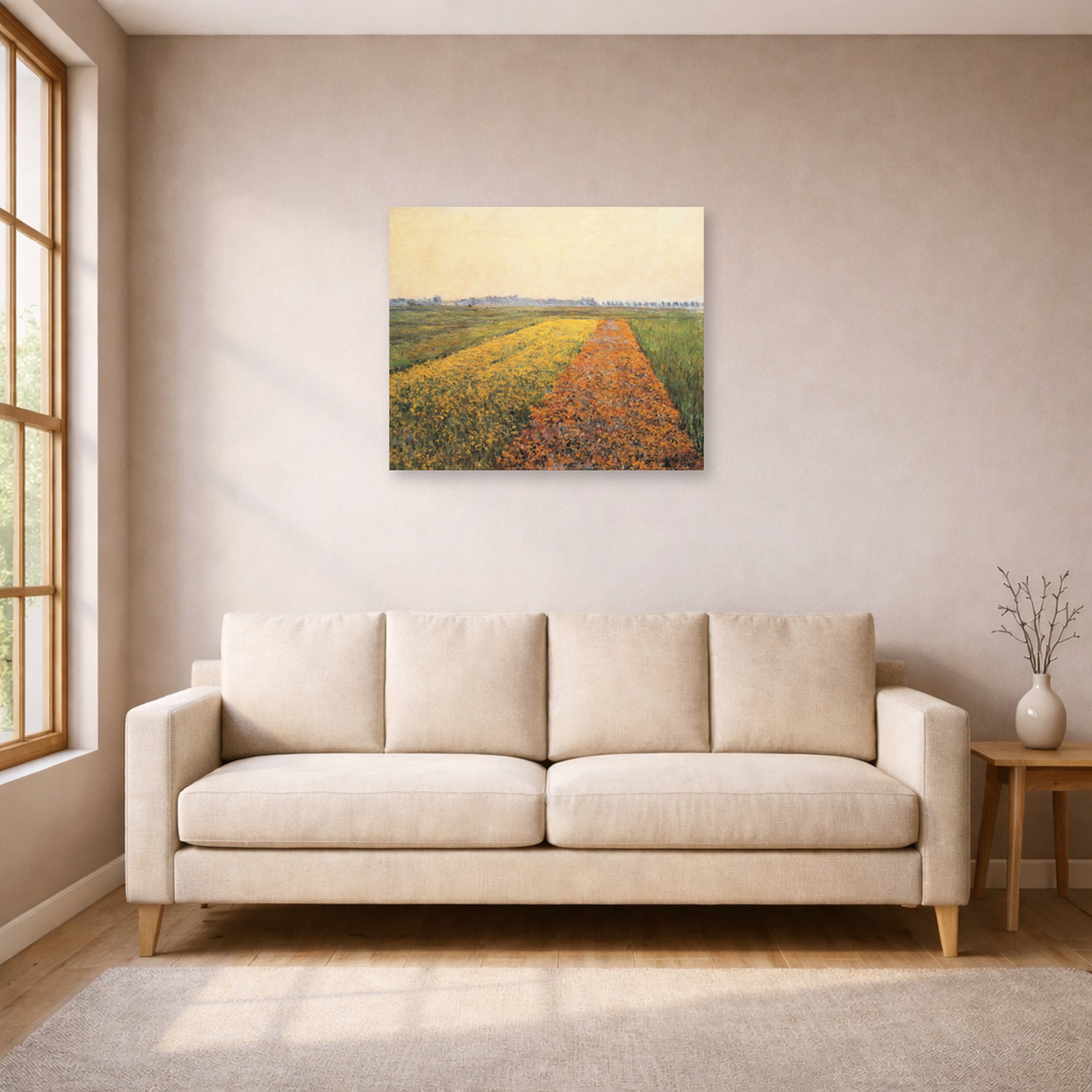 Unframed poster print of Gustave Caillebotte's The Yellow Fields at Gennevilliers displayed on a wall in a living room