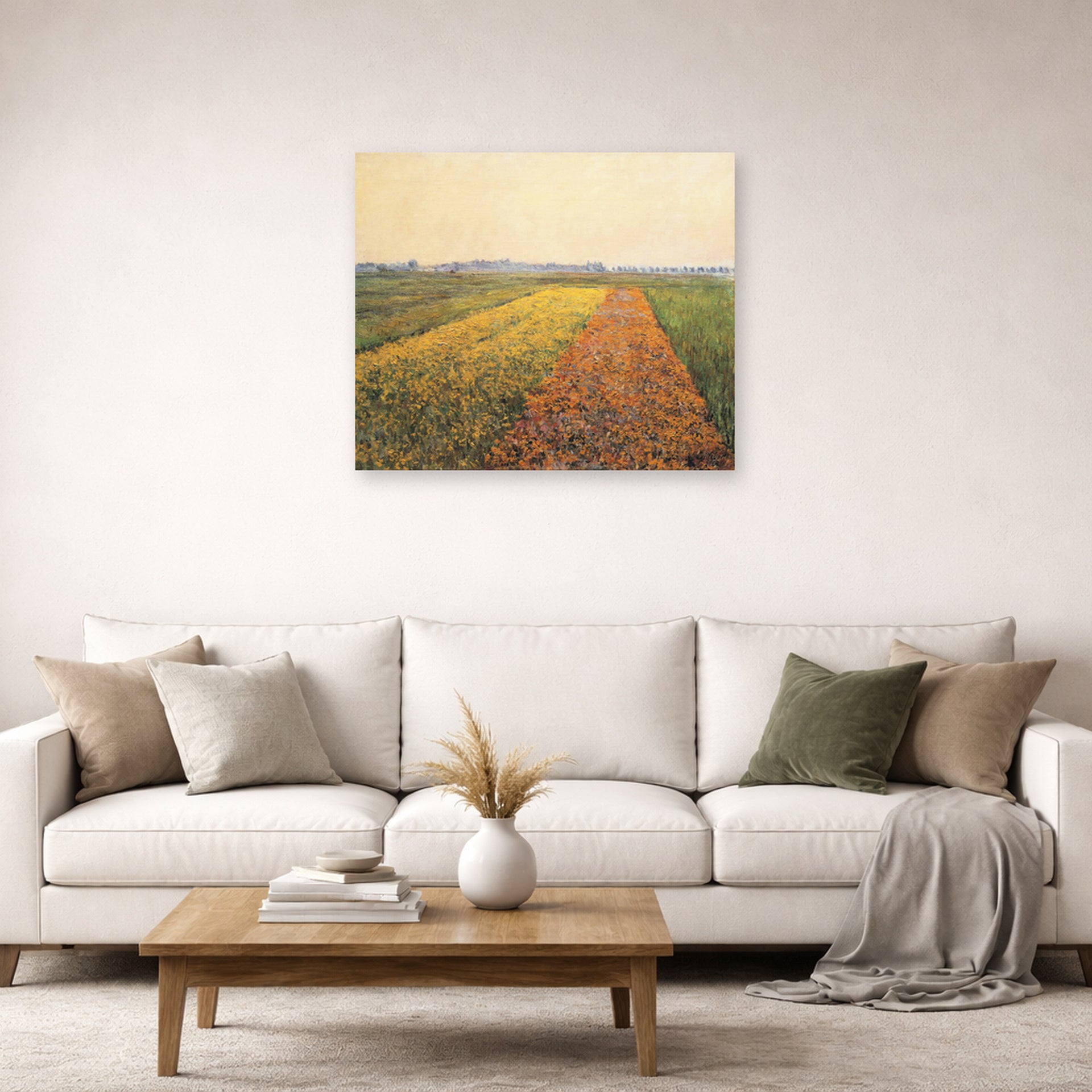 Unframed poster print of Gustave Caillebotte's The Yellow Fields at Gennevilliers displayed on a wall in a living room