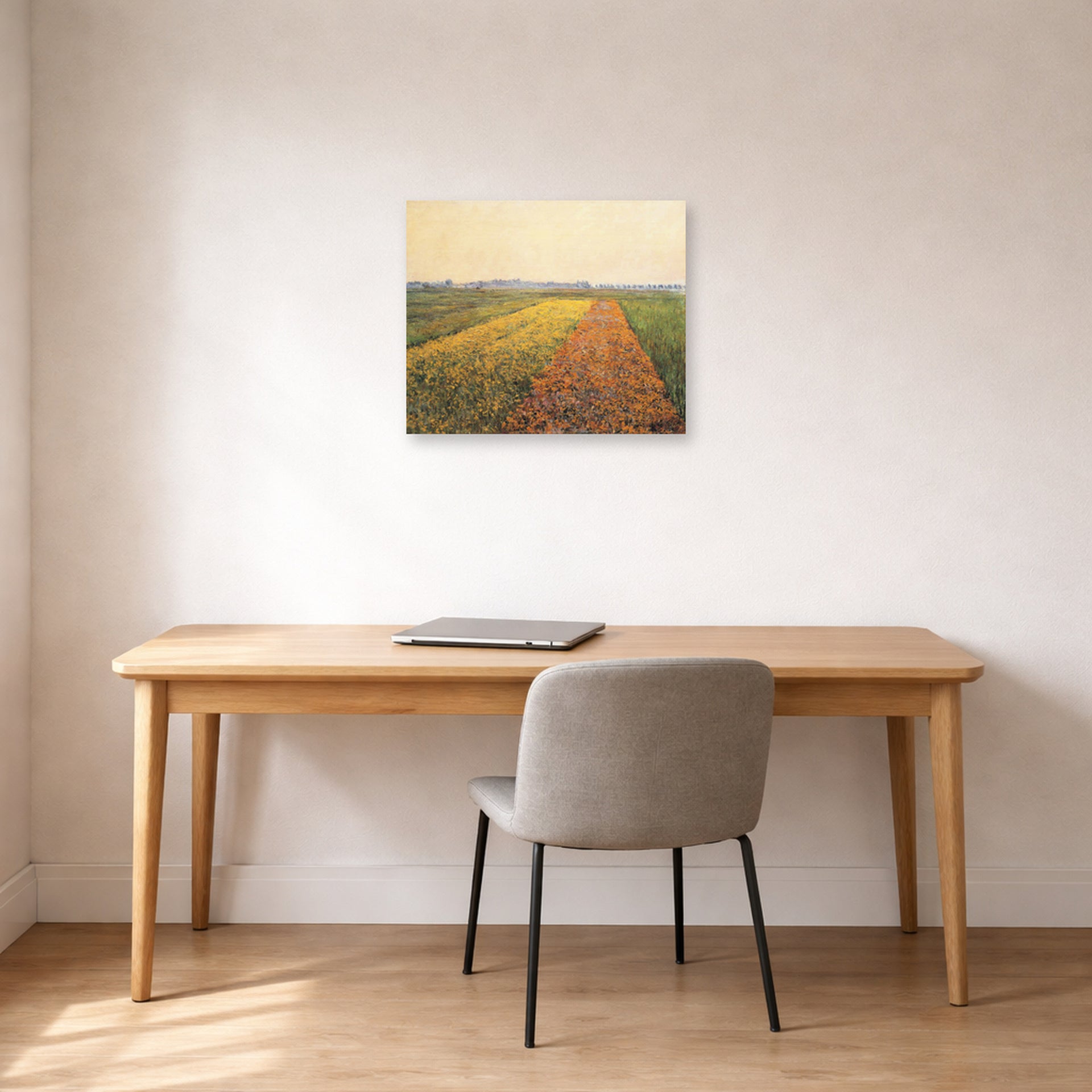 Unframed poster print of Gustave Caillebotte's The Yellow Fields at Gennevilliers displayed on a wall in a office
