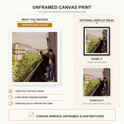 Gustave Caillebotte - Un balcon canvas print size comparison and framing display infographic