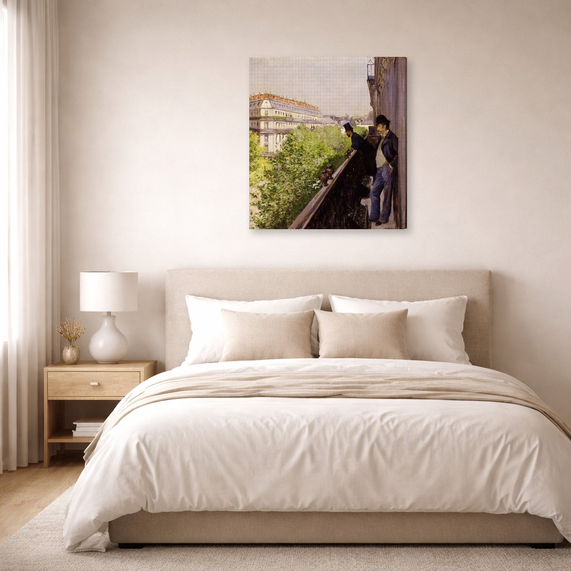 Gallery-wrapped canvas print of Gustave Caillebotte's Un balcon displayed on a wall in a bedroom